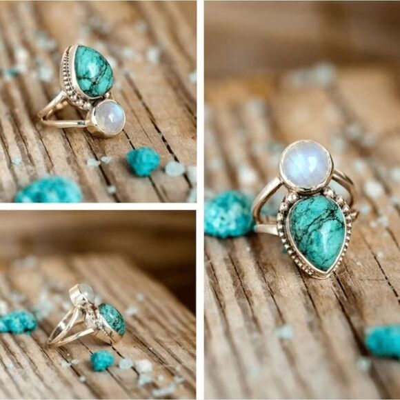 Boho Style Ring Inlaid Turquoise And Spherical Moonstone Match - Picture 3 of 6